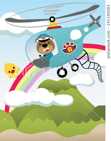 Vector cartoon of cute bear driving helicopter on sky objects background, bird perch on rainbow Vector cartoon of cute bear driving helicopter on sky objects background, bird perch on rainbow 141145083