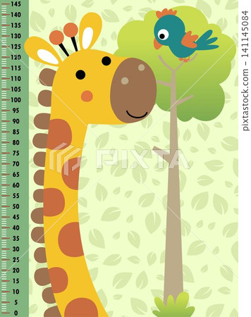Meter wall with cartoon giraffe and bird on leaves pattern background Meter wall with cartoon giraffe and bird on leaves pattern background 141145084