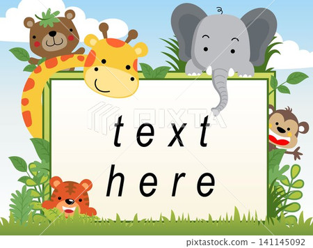 Funny safari animals cartoon with banner Funny safari animals cartoon with banner 141145092