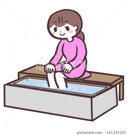 Illustration of a woman soaking her feet in a footbath. 141145105