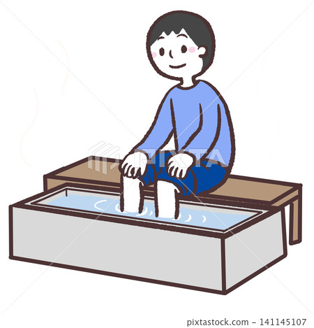 Illustration of a man soaking his feet in a footbath. 141145107