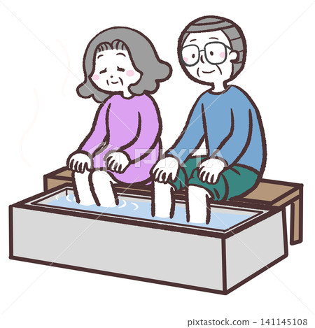 Illustration of senior men and women enjoying a footbath. 141145108