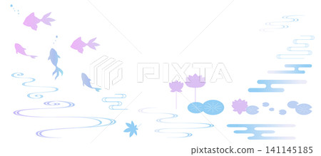 一幅裱好的插畫,描繪了流水圖案、金魚和蓮花;日式風格,波浪圖案,吉祥圖案。 一幅裱好的插畫,描繪了流水圖案、金魚和蓮花;日式風格,波浪圖案,吉祥圖案。 141145185