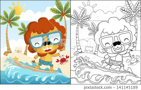 coloring book of cute lion cartoon surfing in the beach at summer holiday coloring book of cute lion cartoon surfing in the beach at summer holiday 141145189