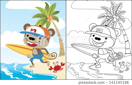 coloring book of monkey cartoon carrying surfboard in the beach with little crab coloring book of monkey cartoon carrying surfboard in the beach with little crab 141145196