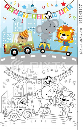 coloring book of cartoon funny animals in circus show on vehicle 141145197