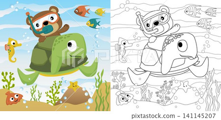Vector cartoon illustration, coloring book of bear riding on turtles back, marine animals undersea 141145207