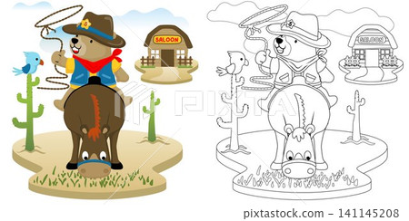 Vector cartoon illustration, coloring book of bear in cowboy costume with lasso riding horse, bird perch on cactus, wild west element cartoon Vector cartoon illustration, coloring book of bear in cowboy costume with lasso riding horse, bird perch on cactus, wild west element cartoon 141145208