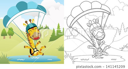 Vector cartoon illustration, coloring book of skydiving giraffe on nature background Vector cartoon illustration, coloring book of skydiving giraffe on nature background 141145209