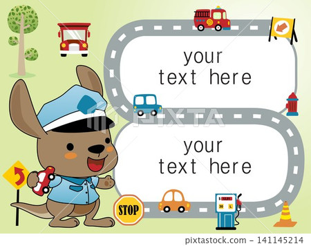 Cute kangaroo cartoon in traffic cop costume with toy cars, border template frame with traffic elements Cute kangaroo cartoon in traffic cop costume with toy cars, border template frame with traffic elements 141145214