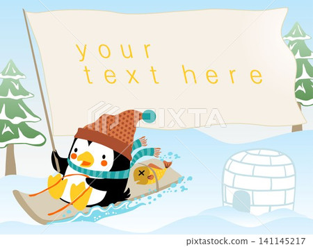 penguin cartoon on sled carrying a large banner in north pole penguin cartoon on sled carrying a large banner in north pole 141145217