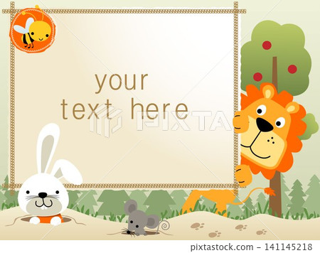 frame border template with funny animals cartoon on trees background frame border template with funny animals cartoon on trees background 141145218