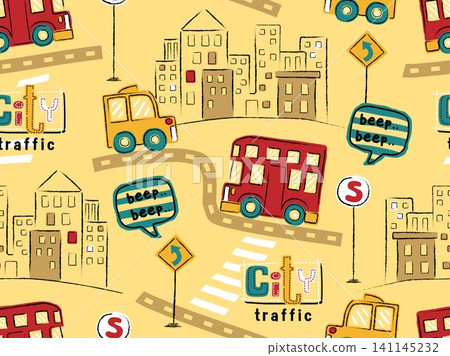 seamless pattern of hand drawn vehicles cartoon in city road with buildings, cityscape elements vector illustration seamless pattern of hand drawn vehicles cartoon in city road with buildings, cityscape elements vector illustration 141145232