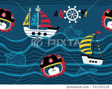 seamless pattern of pirate elements cartoon with cute lion in pirate cap 141145238
