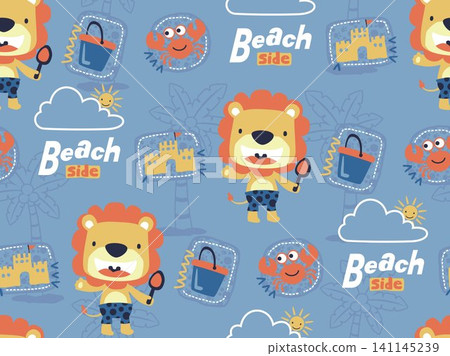 seamless pattern of beach holiday elements cartoon with funny lion and crab seamless pattern of beach holiday elements cartoon with funny lion and crab 141145239
