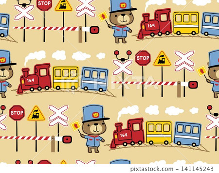 seamless pattern of railway elements cartoon, cute bear in machinist costume, colorful steam train seamless pattern of railway elements cartoon, cute bear in machinist costume, colorful steam train 141145243
