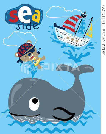 cartoon of big whale playing with funny pirate bear and sailboat in sea cartoon of big whale playing with funny pirate bear and sailboat in sea 141145245