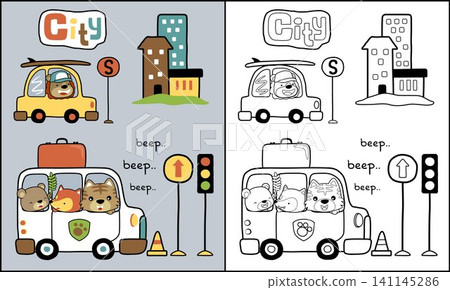 Animals cartoon on car in city traffic, coloring book or page Animals cartoon on car in city traffic, coloring book or page 141145286