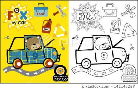 funny bear cartoon on car with repair equipment, coloring book or page funny bear cartoon on car with repair equipment, coloring book or page 141145287