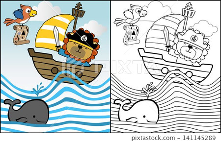 Vector illustration of lion in pirate costume on sailboat, pirate elements cartoon, coloring book or page Vector illustration of lion in pirate costume on sailboat, pirate elements cartoon, coloring book or page 141145289