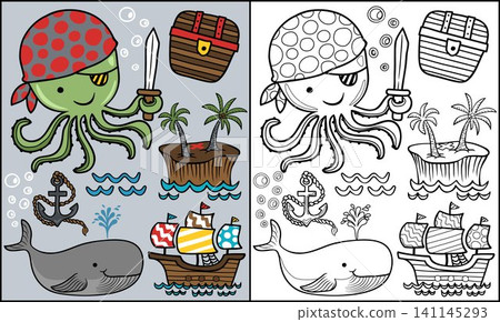 set cartoon of pirates elements with funny octopus, coloring book or page set cartoon of pirates elements with funny octopus, coloring book or page 141145293