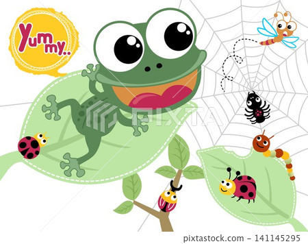 Vector illustration of funny frog cartoon with bugs on leaves Vector illustration of funny frog cartoon with bugs on leaves 141145295