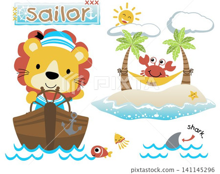 Vector illustration of cute lion cartoon in sailor costume on boat, sailing elements with marine animals, island Vector illustration of cute lion cartoon in sailor costume on boat, sailing elements with marine animals, island 141145296