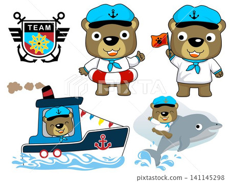 Vector illustration set of cute bear cartoon in sailor costume with dolphin, sailing elements cartoon Vector illustration set of cute bear cartoon in sailor costume with dolphin, sailing elements cartoon 141145298