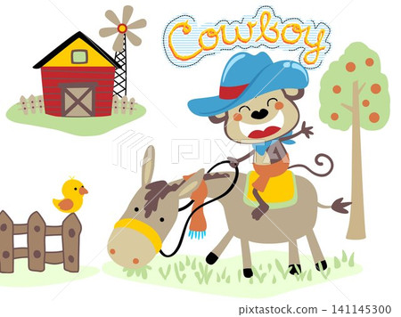 Vector illustration of monkey ride on a horse, farm yard elements cartoon 141145300