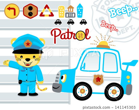 Vector illustration of leopard in police uniform with patrol car, traffic elements cartoon Vector illustration of leopard in police uniform with patrol car, traffic elements cartoon 141145303