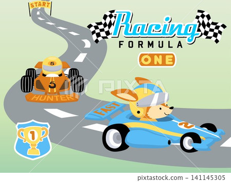 Vector illustration of funny car racing cartoon with cute fox, car racing elements cartoon Vector illustration of funny car racing cartoon with cute fox, car racing elements cartoon 141145305