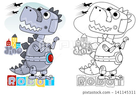 vector illustration of dino robot cartoon, coloring book or page 141145311