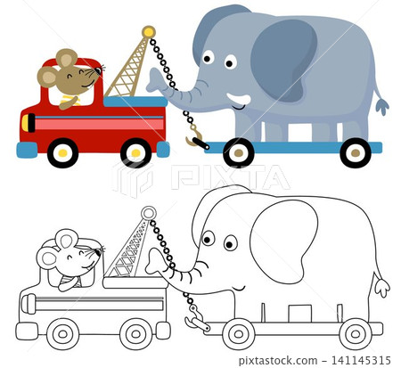 vector illustration of little mouse driving tow truck, pull an elephant on cart, coloring book or page 141145315