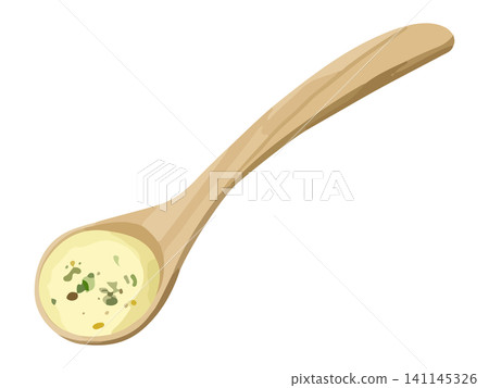 A wooden spoon holding a spoonful of vichyssoise. A wooden spoon holding a spoonful of vichyssoise. 141145326