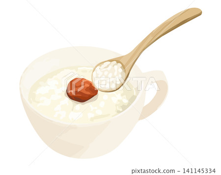Plum porridge and a wooden spoon scooping up the porridge. Plum porridge and a wooden spoon scooping up the porridge. 141145334