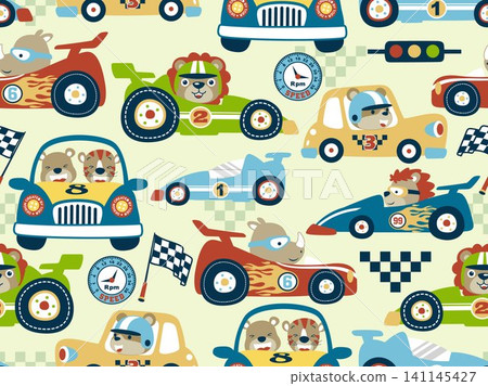 seamless pattern of race car cartoon with funny animals racer seamless pattern of race car cartoon with funny animals racer 141145427