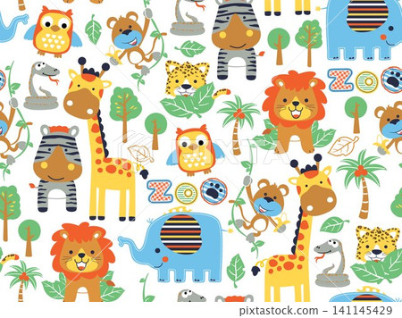 seamless pattern of funny animals cartoon, forest elements illustration 141145429