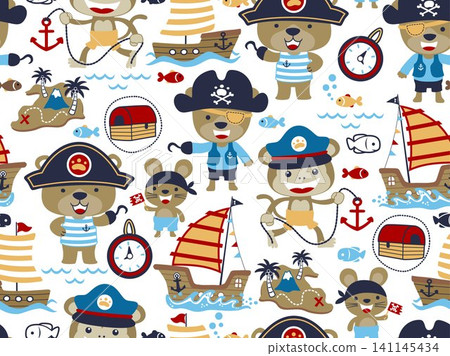seamless pattern vector of funny animals in pirates costume, pirate elements cartoon seamless pattern vector of funny animals in pirates costume, pirate elements cartoon 141145434