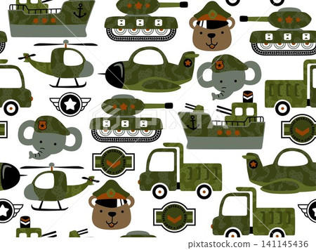 seamless pattern vector of military vehicles cartoon with funny animals in army cap seamless pattern vector of military vehicles cartoon with funny animals in army cap 141145436