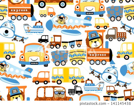 seamless pattern vector of colorful vehicles cartoon with cute animals driver seamless pattern vector of colorful vehicles cartoon with cute animals driver 141145438