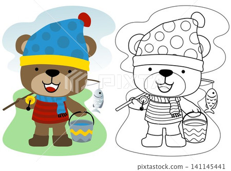 Little bear cartoon with fishing tackle, coloring book or page Little bear cartoon with fishing tackle, coloring book or page 141145441