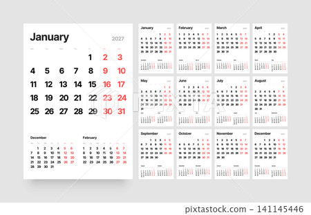 Monthly calendar layout for 2027. Planner diary. Monthly calendar layout for 2027. Planner diary. 141145446
