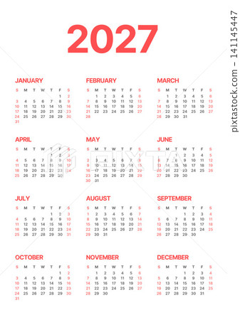 Annual calendar template, one page, Sunday start. 141145447