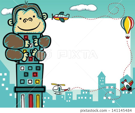 frame border of king kong cartoon climbing on building with air transportations, for kids party invitation card template. frame border of king kong cartoon climbing on building with air transportations, for kids party invitation card template. 141145484