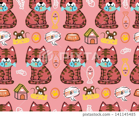vector seamless pattern of cat cartoon with mouse, pet elements illustration vector seamless pattern of cat cartoon with mouse, pet elements illustration 141145485