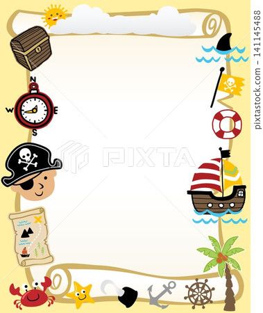 frame border of pirates theme cartoon for kids party invitation card template. 141145488