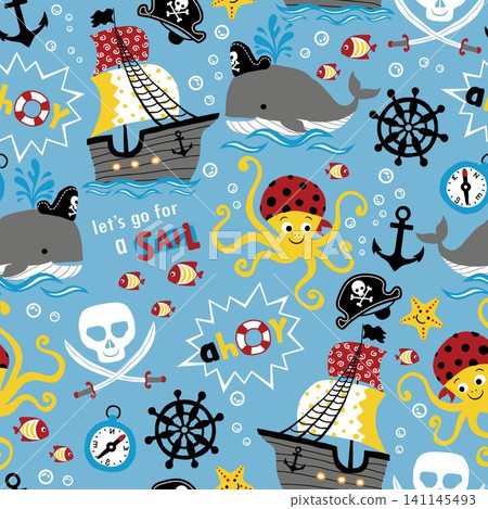 vector seamless pattern of pirates elements cartoon. Marine animals in pirate accessories vector seamless pattern of pirates elements cartoon. Marine animals in pirate accessories 141145493