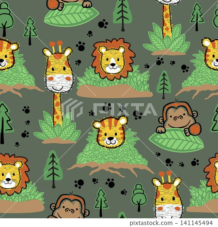 vector seamless pattern of hand drawn animals cartoon, forest elements illustration vector seamless pattern of hand drawn animals cartoon, forest elements illustration 141145494