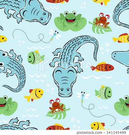 vector seamless pattern of swamp animals cartoon. Crocodile, frog, fishes, dragonfly. vector seamless pattern of swamp animals cartoon. Crocodile, frog, fishes, dragonfly. 141145499