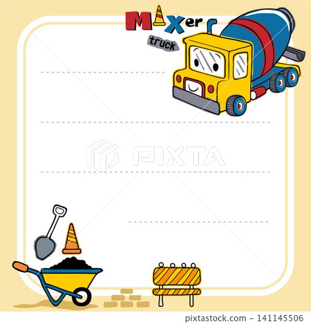 frame border template of hand drawn funny mixer truck cartoon, construction elements illustration frame border template of hand drawn funny mixer truck cartoon, construction elements illustration 141145506
